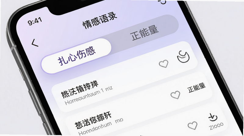 手机APP界面,展示'情感语录'的分类标签页,高亮显示'扎心伤感'和'正能量'标签,背景为淡紫色渐变,文字列表清晰,布局紧凑有序,风格现代简约,细节精致,画质高清,干净,无多余元素