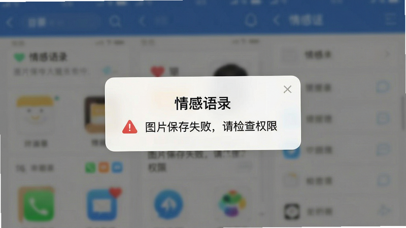 手机APP界面,显示'情感语录'的错误提示弹窗,内容为'图片保存失败,请检查权限',背景模糊显示主界面,风格警示但清晰,画质高清,干净,无多余元素