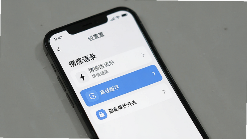 手机APP界面,显示'情感语录'的设置页面,高亮显示'离线缓存'和'隐私保护开关',图标简洁明了,背景为白色,文字黑色,布局规整,风格安全可信,画质高清,干净,无多余元素