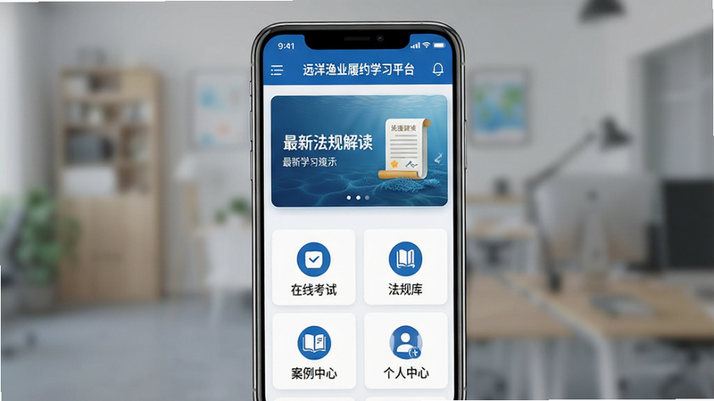 一张高清的手机应用界面展示图,主体为“远洋渔业履约学习平台”App首页,布局清晰分为顶部导航栏、中部轮播图展示“最新法规解读”、下部功能网格图标包括“在线考试”、“法规库”、“案例中心”和“个人中心”。排版整齐,风格为现代商务蓝白配色,细节处显示高清矢量图标,画质4k,干净无多余元素,文字清晰可见“远洋渔业履约学习平台”