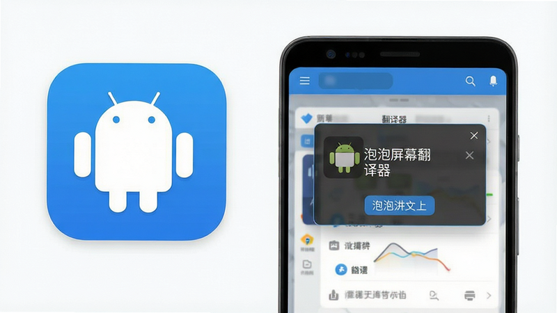 一张简洁明亮的软件界面展示图,主体为“泡泡屏幕翻译器”的安卓应用图标和界面预览,布局清晰,显示悬浮窗翻译效果,风格现代扁平化,细节丰富,画质高清,无多余元素,背景干净