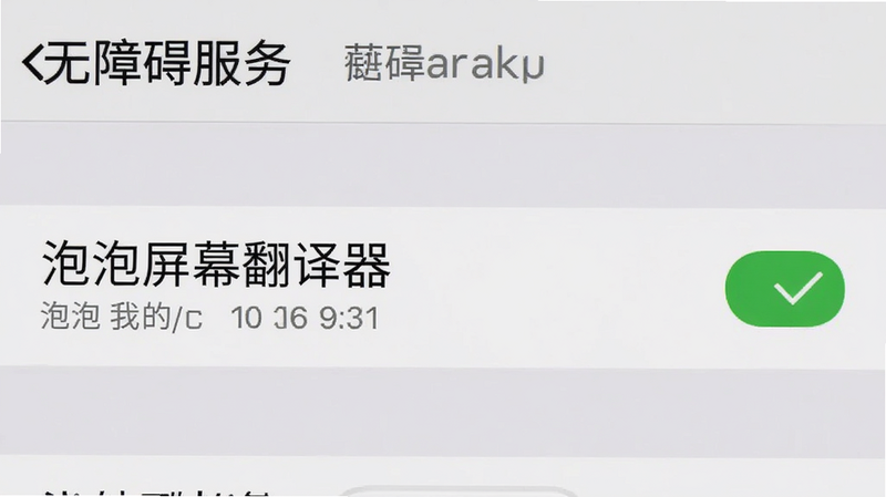 手机设置界面截图,显示“无障碍服务”列表中“泡泡屏幕翻译器”已开启,旁边有勾选标记,界面简洁,文字清晰,风格系统原生,细节准确,画质清晰,无杂乱元素
