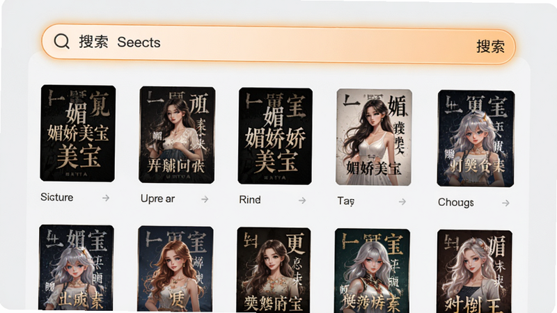 媚娇美宝搜索界面示意图,顶部搜索框高亮显示,下方列表整齐排列小说封面,背景为浅灰色,图标清晰,UI设计现代简洁,4K分辨率
