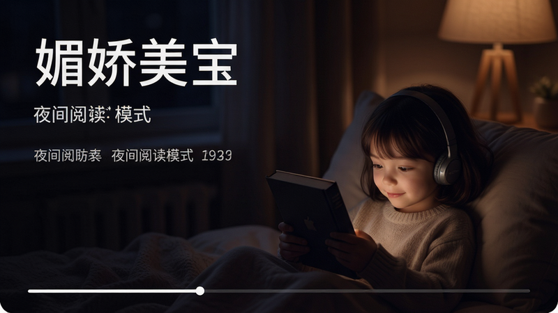 媚娇美宝夜间阅读模式界面,深色背景,白色文字清晰可见,底部进度条细微显示,整体氛围静谧温馨,高清细节,无噪点