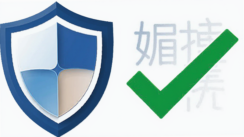 安全盾牌图标与媚娇美宝Logo结合,绿色对勾标志,白色背景,简约科技风,清晰直观,无阴影
