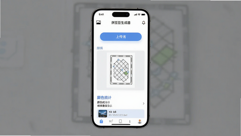 一张展示“拼豆豆生成器”APP主界面的高清UI设计图,主体为手机屏幕,布局清晰,包含上传图片按钮、生成图纸预览区、颜色统计列表,风格现代简约,细节精致,文字标注清晰,背景干净无杂物,4K高清画质