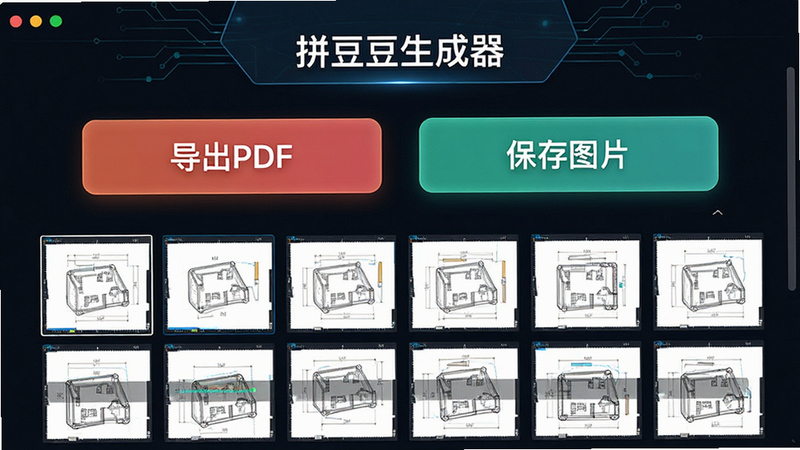 一张展示“拼豆豆生成器”导出功能的操作截图,界面显示“导出PDF”和“保存图片”两个醒目按钮,下方为已生成的图纸缩略图,排版整齐,风格科技感,细节清晰,无水印,高清画质