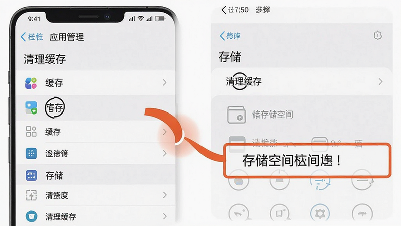 一张展示手机设置界面中“应用管理”和“存储”选项的示意图,突出显示清理缓存和存储空间检查步骤,风格简洁明了,文字清晰,无多余干扰元素,高清画质