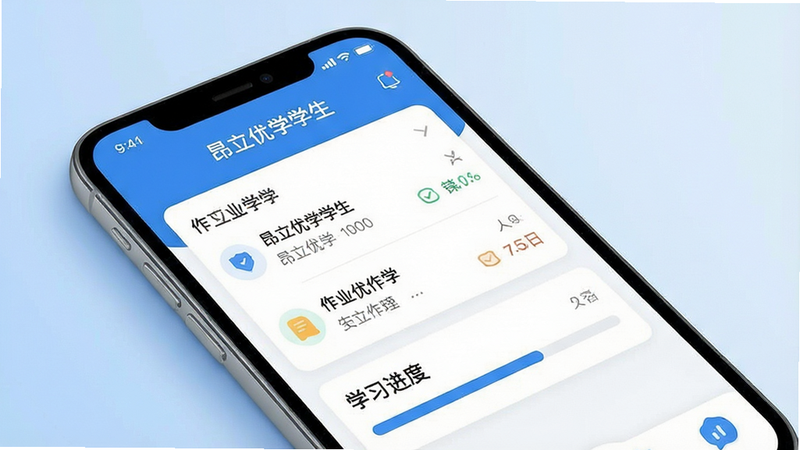 һ��չʾ��������ѧѧ����App����ĸ���ͼ������Ϊ�ֻ���Ļ����Ļ����ʾ��������ҵ�б���ѧϰ�����������ּ���ִ�����������ɫ��������ƽ����ϸ�ڴ�����͵���Ӱ�����ʸ��壬�ɾ��޶���Ԫ�أ����֡�������ѧѧ���������ɼ�