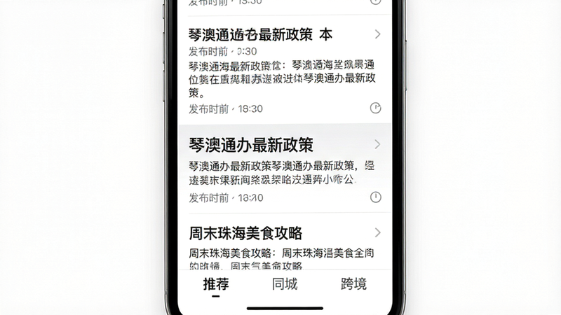 主体为手机屏幕显示的资讯列表界面,列表项包含标题、摘要和发布时间,其中一条新闻标题高亮显示“琴澳通办最新政策”,另一条为“周末珠海美食攻略”,界面底部有“推荐”、“同城”、“跨境”三个标签栏,背景为纯白色,字体清晰易读,风格简洁现代,布局整齐,细节精致,画质清晰,无多余装饰
