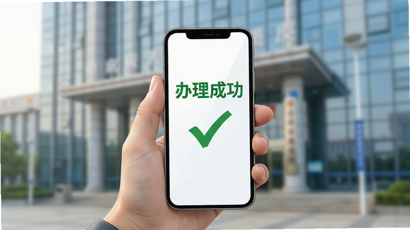 主体为一只手拿着手机正在办理业务的特写,屏幕显示绿色的“办理成功”字样和勾选标记,背景虚化,隐约可见政府大楼的现代化玻璃幕墙,光线柔和自然,强调便捷与安心,构图聚焦于手机屏幕,风格写实与插画结合,细节处理细腻,画质高清,无多余干扰元素