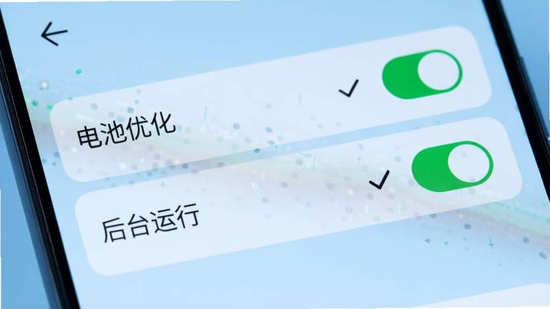 主体为手机屏幕设置界面,显示“电池优化”和“后台运行”选项,两个开关均处于开启状态,旁边有对勾标记,背景为浅蓝色,风格简洁科技,细节清晰,画质高清,无多余元素