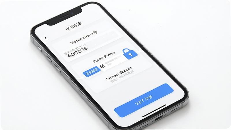 主体为手机屏幕显示的银行卡绑定流程界面,步骤一为输入卡号,步骤二为验证短信,步骤三为设置密码,界面清晰明了,底部有“下一步”按钮,背景为白色,风格简洁,细节精致,画质清晰,无多余元素