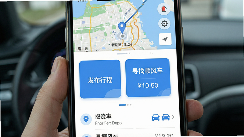 主体为拼车App手机界面截图,布局清晰,顶部显示地图导航背景,中部为“发布行程”与“寻找顺风车”两个大号按钮,底部为订单列表,风格扁平化设计,色调以蓝色和白色为主,细节包含定位图标和价格标签,画质高清,干净,无多余元素