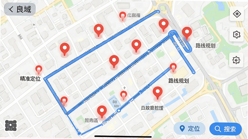 ‘良域’APP地图界面,显示城市街道网格,多个红色标记点代表故障位置,蓝色路线代表巡检路径,界面右下角有‘定位’、‘搜索’按钮,风格写实,细节丰富,文字显示为‘精准定位’,‘路线规划’,高清,干净