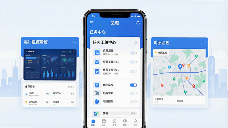 一张现代科技感十足的手机应用界面展示图,主体为‘良域’APP首页,界面布局清晰,分为‘实时数据看板’、‘任务工单中心’、‘地图监控’三大模块,采用蓝白配色,扁平化设计风格,图标精致,背景带有淡淡的城市天际线轮廓,高清,无多余元素,文字显示为‘良域’,‘任务中心’