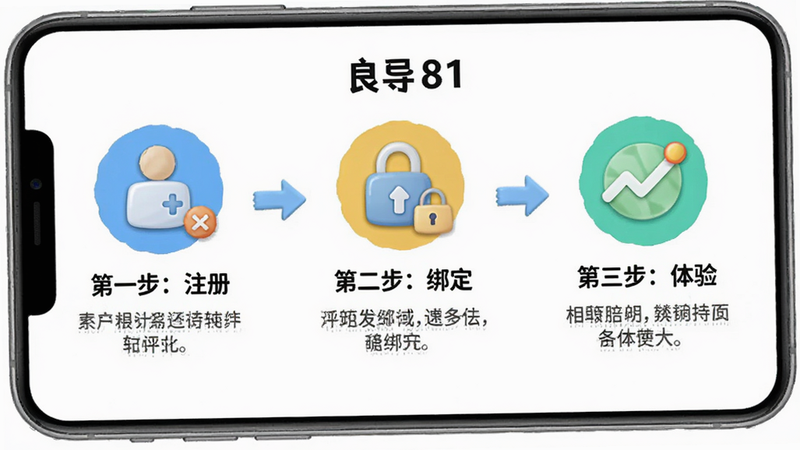 ‘良域’APP新手引导界面,显示‘第一步:注册’、‘第二步:绑定’、‘第三步:体验’三个步骤,图标生动,文字说明清晰,风格友好,背景为白色,高清,无多余元素