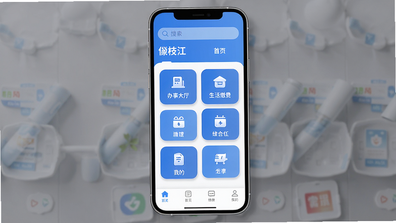 ����Ϊ�ֻ���Ļ����չʾ����֦����APP��ҳ������������Ϊ�������������в����񻯹���ͼ�꣨����´���������ɷѣ����ײ����������Ű�����Գƣ�����ִ���Լ����ɫΪ��ɫ����ϸ�ڴ�����UIԲ���������ӰЧ�������ʸ��壬�ɾ��޶���Ԫ�أ����ְ�������֦����������ҳ�������ҵġ�