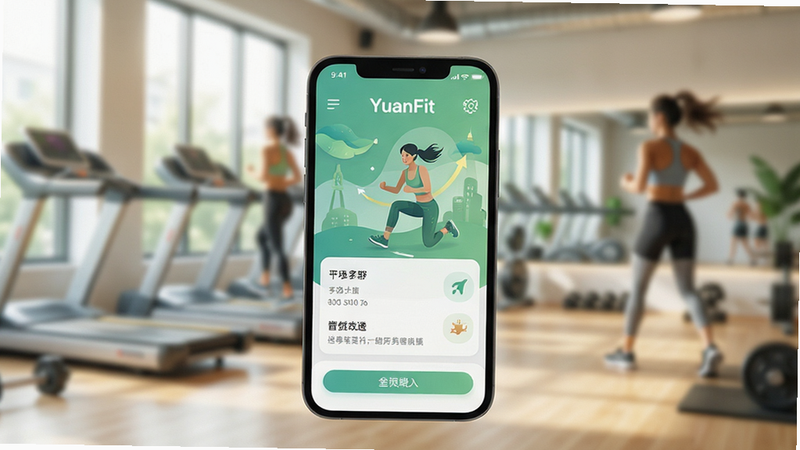 ����Ϊ�ֻ���Ļ��д����ʾYuanFitӦ�ý��棬����Ϊ��͵Ľ��������������ּ���ִ����Ű����������������Ȼ��ϸ�ڴ������˶����������ʸ��壬�ɾ����޶���Ԫ��