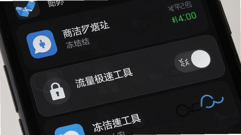 主体为手机后台应用管理界面,重点高亮显示“流量极速工具”的冻结开关,布局突出应用列表与状态栏,排版简洁直观,风格为深色模式,细节展示锁形图标与断开连接符号,画质清晰,干净,无多余元素