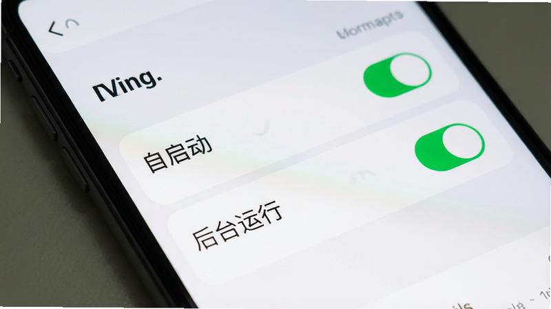主体为手机设置权限界面,布局突出“自启动”与“后台运行”开关状态,排版简洁清晰,风格为系统原生UI,细节展示绿色开启状态标识,画质真实,干净,无多余元素