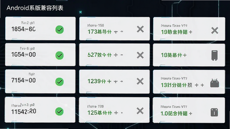 主体为安卓系统版本兼容列表界面,布局展示不同版本号与对应功能支持度,排版整齐,风格为科技感网格,细节显示绿色对勾与灰色叉号,画质清晰,干净,无多余元素