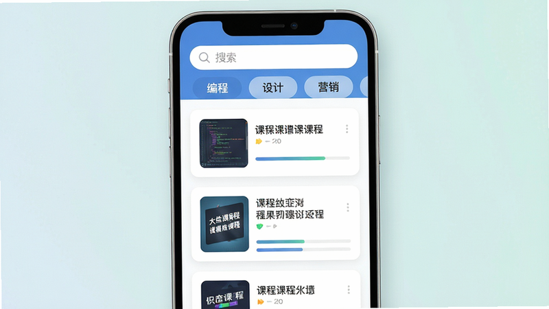 手机界面展示课程列表页,采用卡片式设计,每个卡片包含课程封面缩略图、标题和进度条,顶部有搜索框和分类标签“编程”、“设计”、“营销”,界面布局整齐,色彩搭配和谐,UI现代简约,4k分辨率,无多余装饰,清晰可读