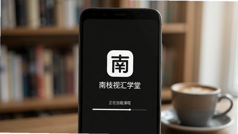高清安卓手机屏幕特写,展示“南枝视汇学堂”应用启动页,界面为深色极简风格,中央显示白色应用Logo及文字“南枝视汇学堂”,下方有“正在加载课程”的进度条,背景为模糊的书架与咖啡杯,光线柔和,4k分辨率,UI设计细节丰富,无多余水印,干净简洁