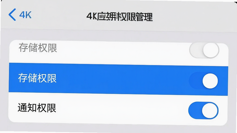 手机设置界面截图,显示“应用权限管理”页面,高亮显示“存储权限”和“通知权限”的开关状态,界面简洁,灰色背景,白色卡片,蓝色高亮选中项,4k分辨率,UI清晰,无水印