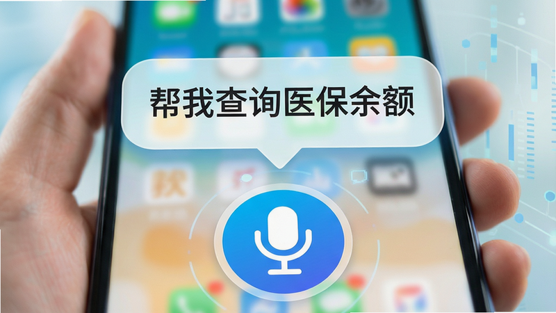 手机界面展示语音交互场景,底部有一个巨大的麦克风图标,上方浮现气泡框显示识别文字“帮我查询医保余额”,背景虚化突出前景文字,风格科技感与亲和力结合,色彩明亮,无噪点,高清渲染