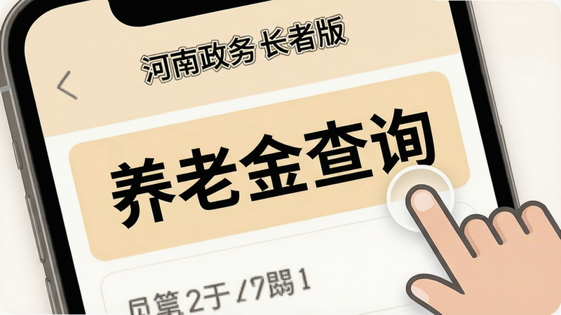 手机屏幕特写,展示“河南政务长者版”的大字体列表界面,文字“养老金查询”字号极大,背景为柔和米色,高亮显示选中状态,旁边有一个放大的手指点击动作示意图,风格扁平化,细节精致,无杂乱背景,8k画质