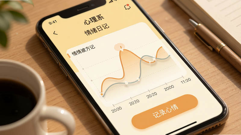 “心理系”APP的情绪日记界面,显示一条平滑的情绪波动曲线图,下方有时间轴标记,背景是温暖的浅黄色,界面中有“记录心情”的按钮,整体设计温馨治愈,细节丰富,画质细腻,无杂乱元素