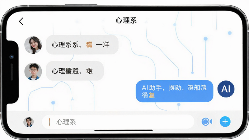 手机屏幕显示“心理系”APP的聊天界面,左侧是用户消息,右侧是AI助手的回复气泡,背景为干净的白色,气泡设计圆润柔和,界面底部有输入框,整体风格科技感与人文关怀并存,高清清晰,无多余图标