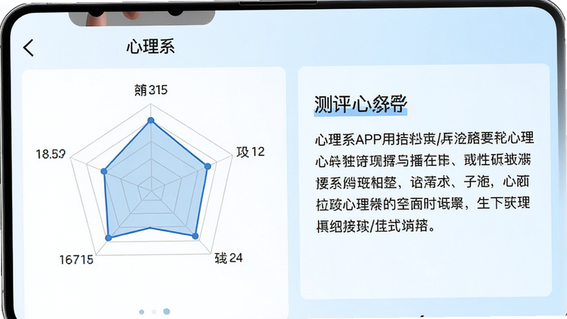 手机应用截图特写,展示“心理系”APP内的测评结果页面,左侧是清晰的雷达图,右侧是文字解析,背景为淡蓝色渐变色,字体清晰易读,界面布局规整,突出数据可视化效果,高清细节,无水印