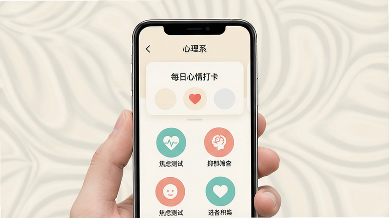 一张高分辨率的智能手机界面展示图,主体为“心理系”APP的主页,背景是柔和的米白色,屏幕中央显示“每日心情打卡”模块,下方排列着“焦虑测试”、“抑郁筛查”等圆形功能图标,整体风格简约清新,采用扁平化设计,无多余装饰,4k画质,干净利落