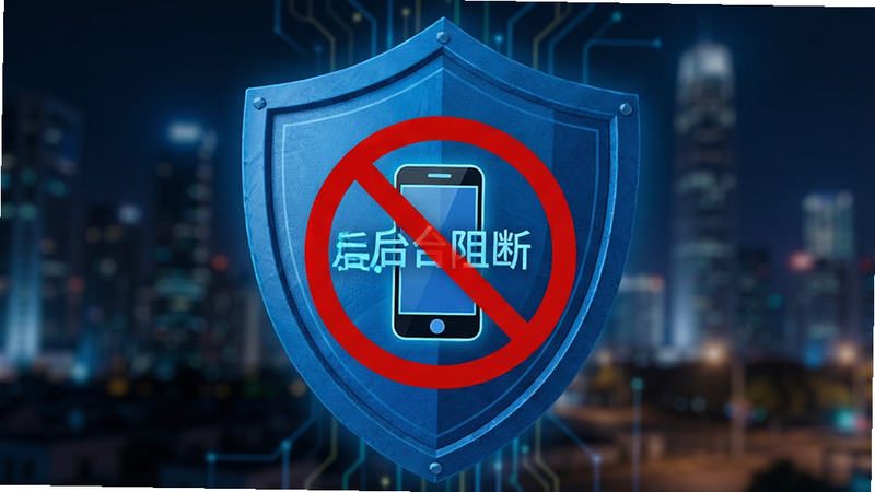 主体为一道坚固的蓝色数字盾牌,盾牌前方有红色的禁止符号覆盖着一个正在传输数据的手机图标,背景为虚化的城市夜景,布局前景突出,排版聚焦中心,风格为安全防护可视化,细节处盾牌表面有细微纹理,画质清晰,干净,无多余元素,文字显示