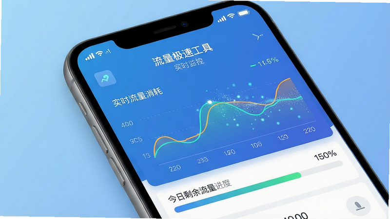 主体为智能手机屏幕特写,屏幕显示流量极速工具APP界面,界面核心区域展示实时流量消耗曲线图与今日剩余流量进度条,顶部状态栏清晰显示信号强度与电池电量,背景为柔和的科技蓝渐变,布局简洁现代,排版清晰,风格为扁平化UI设计,细节处体现数据流动的粒子效果,画质高清,干净无多余元素,文字显示