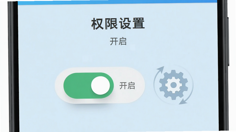 主体为手机设置界面截图模拟,背景为浅蓝色,前景突出显示一个开关按钮,按钮处于开启状态,旁边有齿轮图标旋转动画效果,布局简洁,排版居中对齐,风格为现代Android系统UI,细节处按钮阴影柔和,画质清晰,干净,无多余元素,文字显示