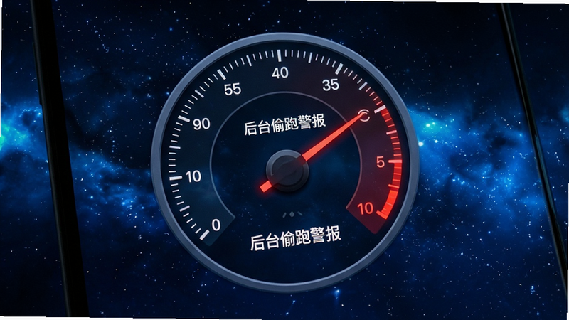 主体为手机夜景模式下的屏幕显示,屏幕中央显示一个圆形的流量消耗仪表盘,指针指向红色警戒区,背景为深蓝色星空,布局聚焦中心,排版清晰,风格为科技感数据可视化,细节处仪表盘刻度精细,画质高清,干净,无多余元素,文字显示
