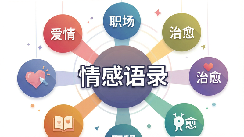 生成一张展示软件分类功能的插画风格图片,主体为多个悬浮的圆形图标,分别代表“爱情”、“职场”、“治愈”等标签,中心突出显示“情感语录”字样。布局呈放射状,色彩丰富但协调,细节精致,风格扁平化设计,高清渲染,干净背景,无杂乱元素