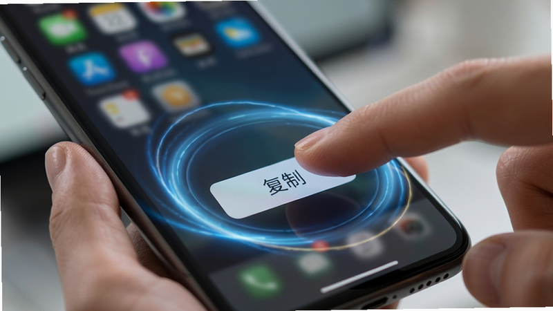 生成一张操作演示示意图,主体为手指点击手机屏幕上的“复制”按钮,周围有动态的光效环绕,象征快速响应。背景模糊处理,突出前景的交互动作。排版简洁,风格科技感与人文感结合,细节流畅,高清画质,无多余干扰元素