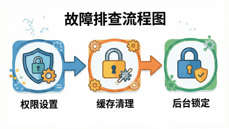 生成一张故障排查流程图的插画,主体为三个步骤图标:权限设置、缓存清理、后台锁定。布局为从左到右的箭头连接,风格扁平化,色彩明快,细节清晰,高清画质,无多余装饰