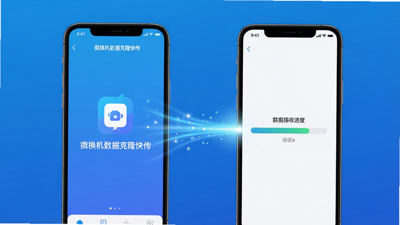 主体为两部智能手机并排站立,左侧屏幕显示“微换机数据克隆快传”APP界面,右侧屏幕显示数据接收进度条,背景为极简科技蓝渐变,中央有高速数据传输的光束连接两部手机,风格为现代扁平化UI设计,高清细节,无多余元素,干净