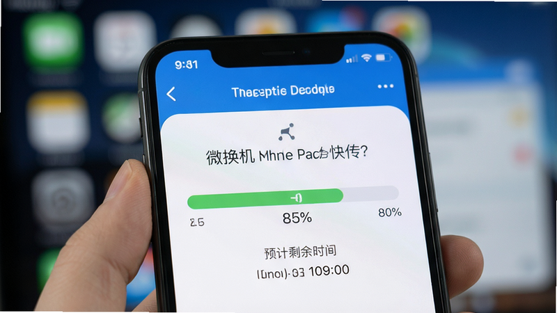 主体为手机屏幕特写,显示“微换机数据克隆快传”APP的传输进度界面,进度条显示85%,下方有“预计剩余时间”字样,背景虚化,风格为真实感强的UI截图,高清,无多余装饰,干净