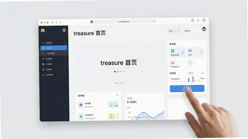 主体为 treasur 软件的主界面全景图,布局开阔留白得当,排版层次分明,风格现代极简,细节处体现手指点击按钮的交互瞬间,画质高清,干净无杂乱元素,文字标注为