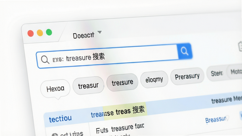 主体为 treasur 软件的文件搜索界面特写,布局展示搜索框与分类标签栏,排版紧凑有序,风格清新简约,细节处显示高亮匹配的搜索结果,画质高清,干净无干扰,文字标注为