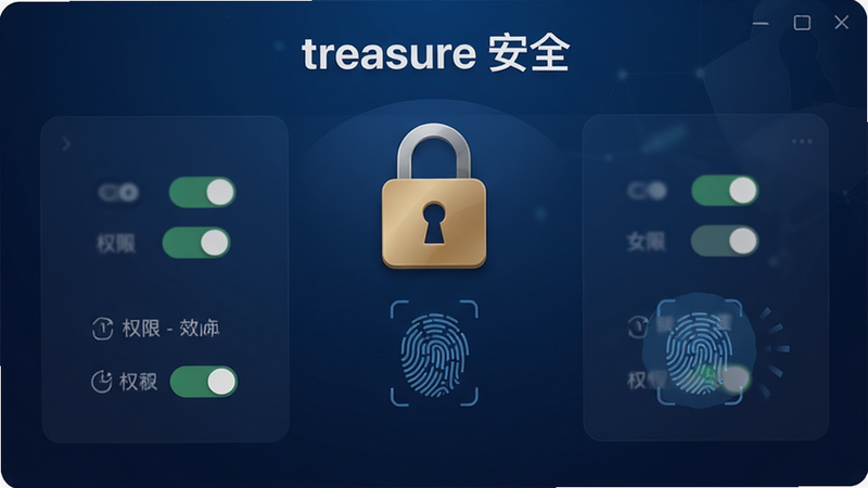 主体为 treasur 软件的安全设置界面,布局突出锁形图标与权限开关,排版对称平衡,风格稳重可信,细节处展示指纹识别的动画效果,画质细腻,干净简洁,文字标注为