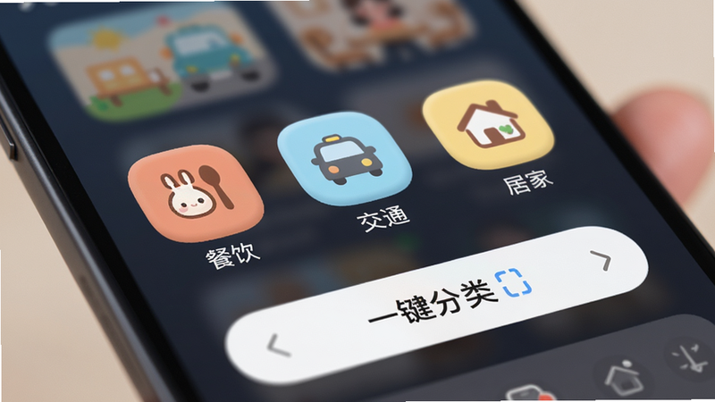 特写手机屏幕上的分类选择界面,显示“餐饮”、“交通”、“居家”等图标,图标设计圆润可爱,背景虚化,突出“一键分类”的功能按钮,光线柔和,体现便捷性,高清细节,现代UI风格