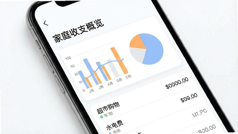 展示一款名为“家用记账本”的手机应用界面,主体为简洁的白色背景,上方有清晰的“家庭收支概览”标题,中间是柱状图和饼图结合的统计区域,颜色采用柔和的蓝色和橙色搭配,下方列出几笔最近的交易记录,如“超市购物”、“水电费”,风格现代简约,扁平化设计,高清渲染,无多余元素,干净利落