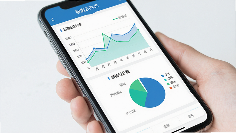 主体为数据分析界面,手机屏幕显示多张图表,包括折线图和饼图,图表颜色为蓝绿搭配,背景为白色,界面顶部有“智能云BMS”字样,布局整齐,数据标签清晰,商务风格,高分辨率,无杂乱元素